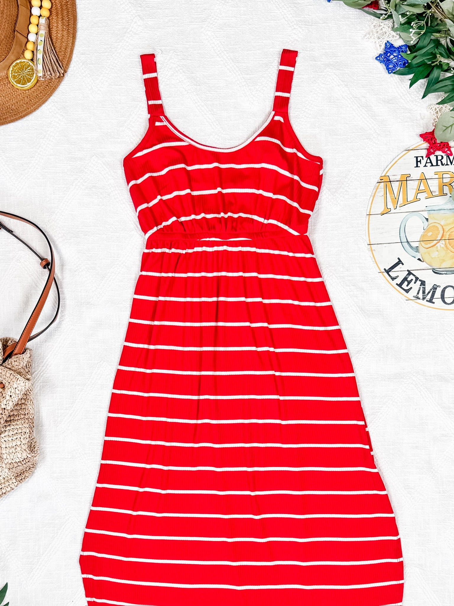 Reagan Ribbed Midi Dress - Red Stripes